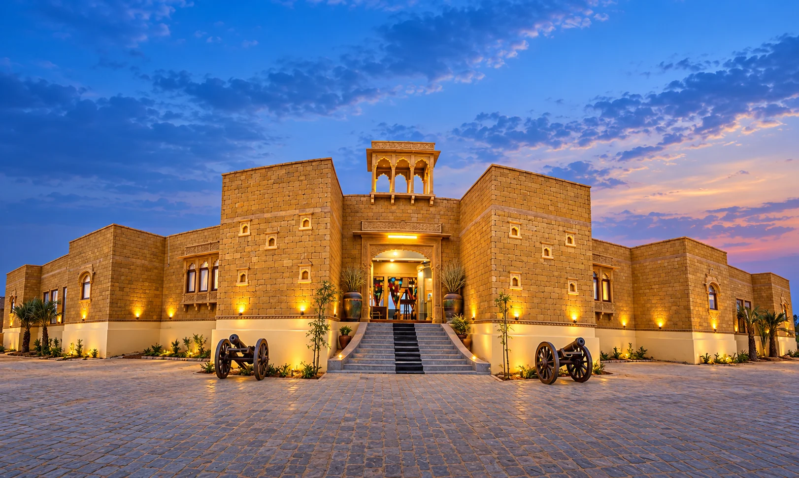 Illuminated sandstone entrance of Mayara Fort at dusk