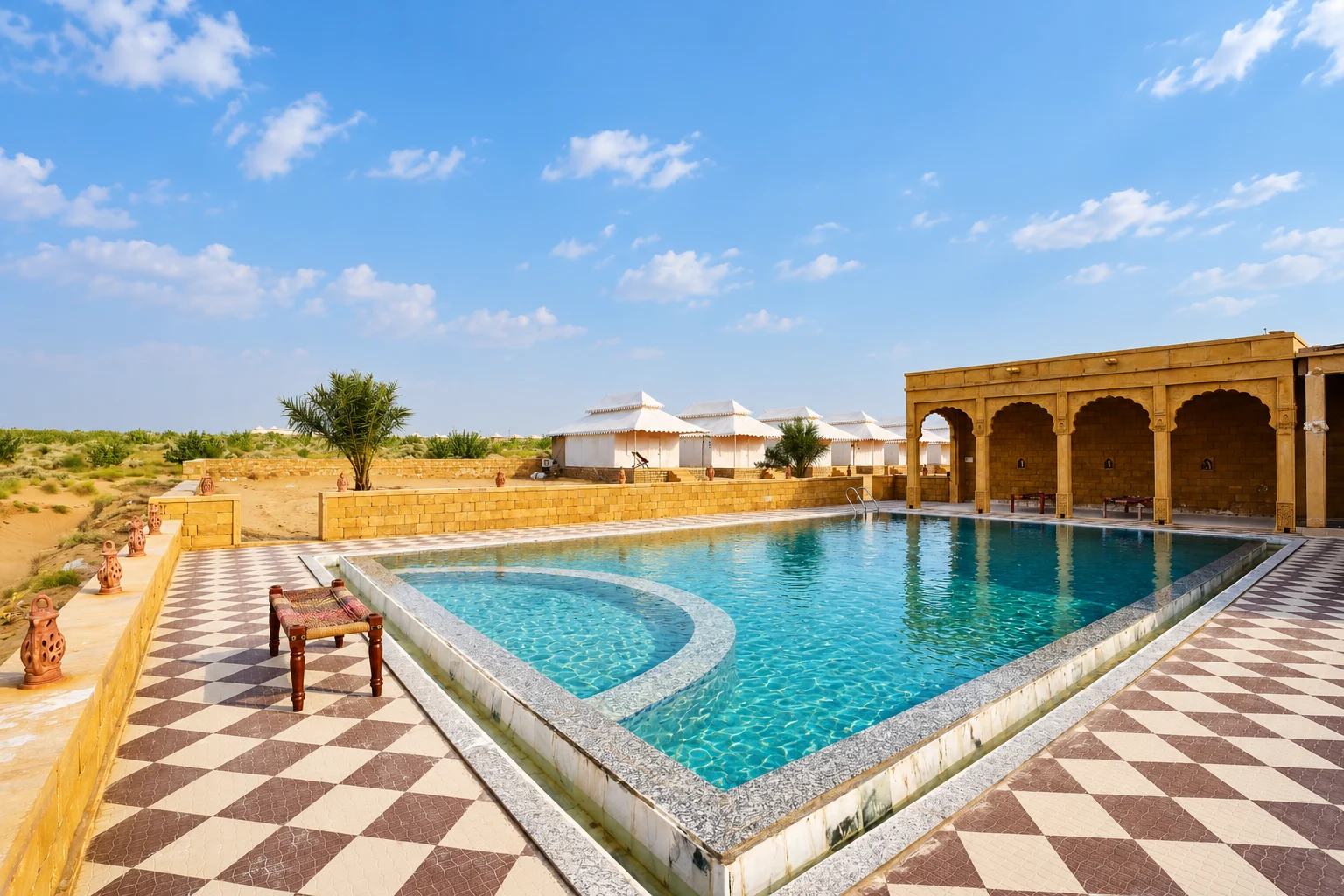 Swimming pool with sandstone arches